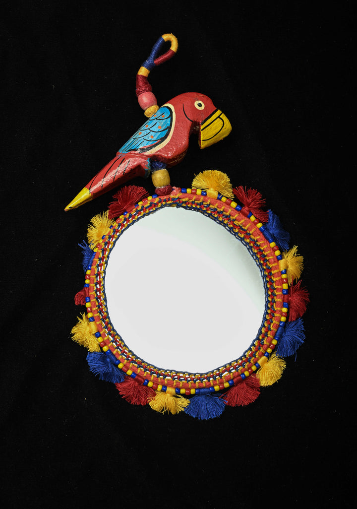 Ethnic Indian Decor : Bohemian Colorful Tassel Hand Mirror and Wooden Parrot Charm | SHOBITAM