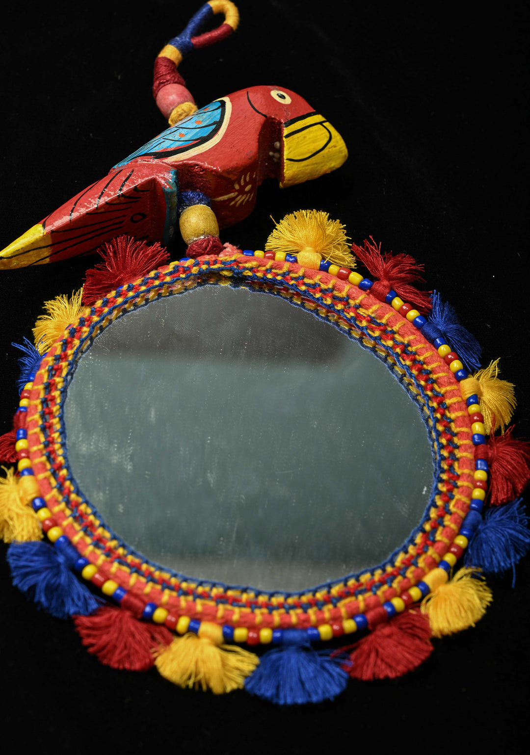 Ethnic Indian Decor : Bohemian Colorful Tassel Hand Mirror and Wooden Parrot Charm | SHOBITAM