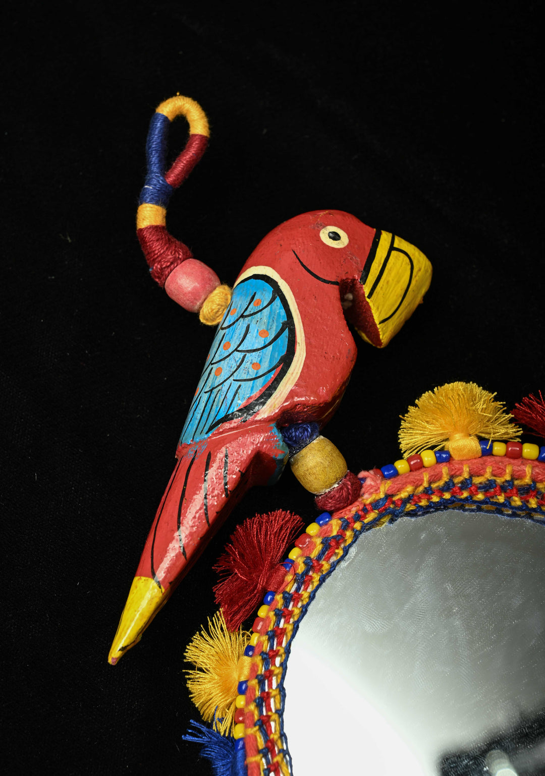 Ethnic Indian Decor : Bohemian Colorful Tassel Hand Mirror and Wooden Parrot Charm | SHOBITAM
