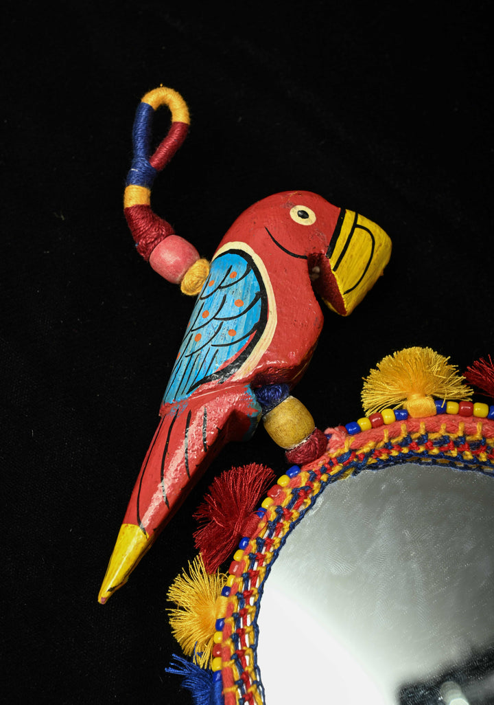 Ethnic Indian Decor : Bohemian Colorful Tassel Hand Mirror and Wooden Parrot Charm | SHOBITAM