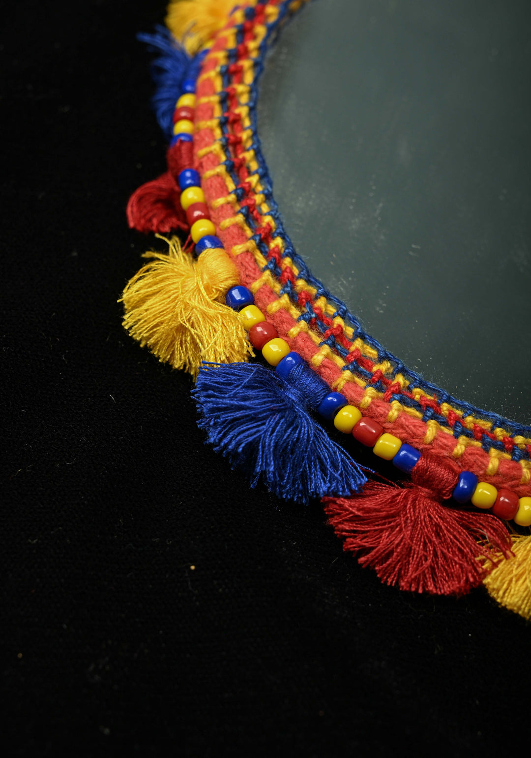 Ethnic Indian Decor : Bohemian Colorful Tassel Hand Mirror and Wooden Parrot Charm | SHOBITAM