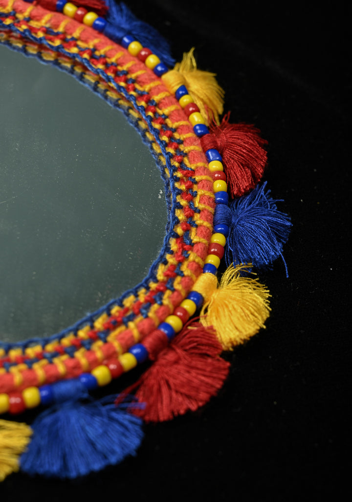 Ethnic Indian Decor : Bohemian Colorful Tassel Hand Mirror and Wooden Parrot Charm | SHOBITAM