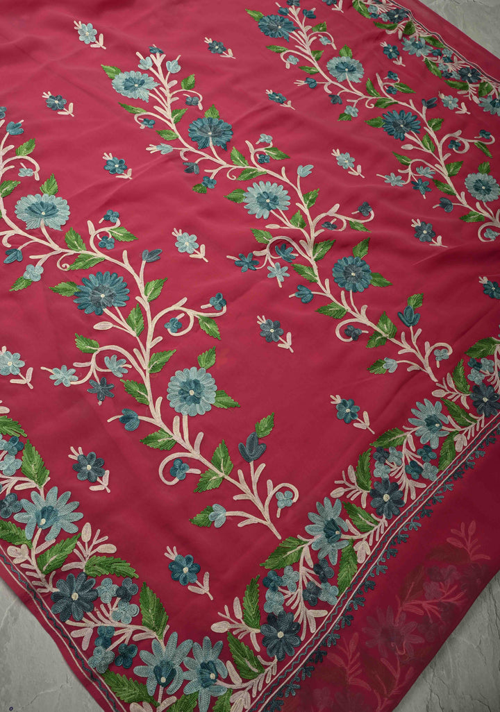 Ink Purple Kashmiri Aari Georgette Saree with Floral Embroidery (Copy)
