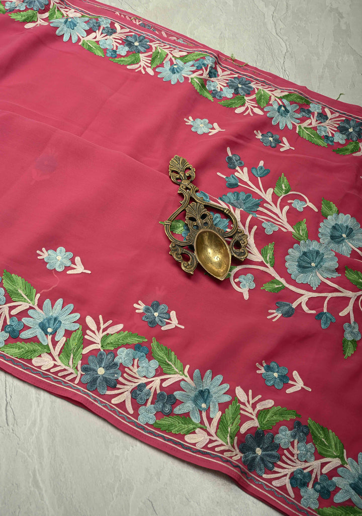 Ink Purple Kashmiri Aari Georgette Saree with Floral Embroidery (Copy)
