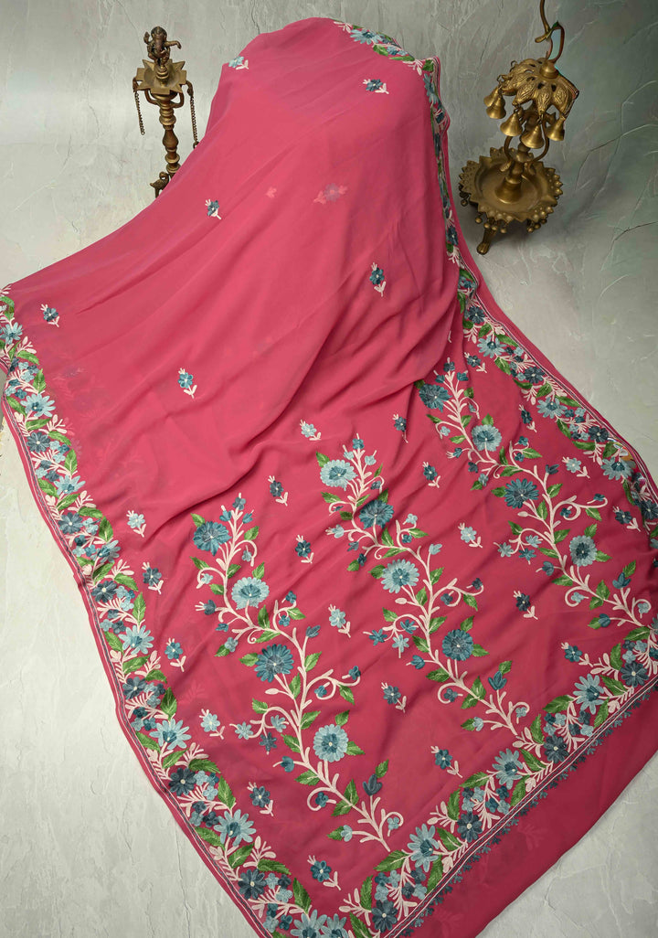 Ink Purple Kashmiri Aari Georgette Saree with Floral Embroidery (Copy)