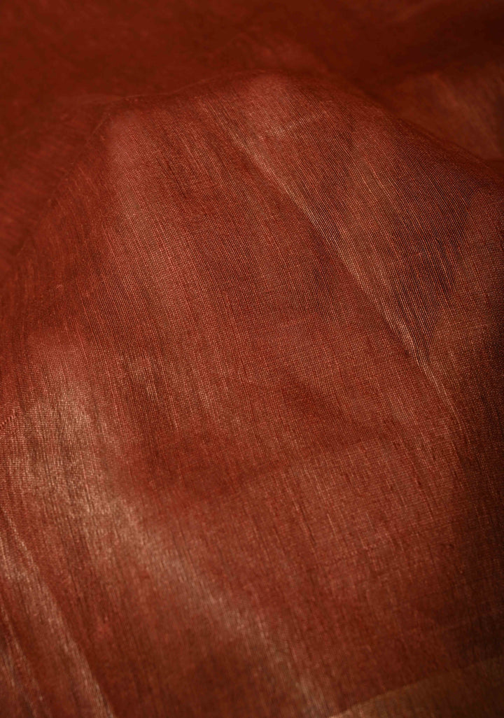 Copper Rust Silk Linen Saree with Muted Tissue Border and Floral Buttas on Pallu | SHOBITAM