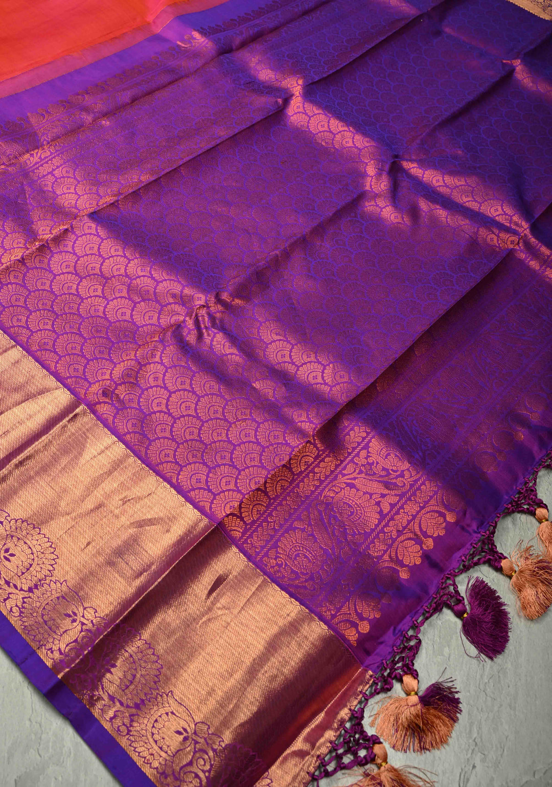 Pink Dual tone Kanjivaram Silk Saree with Floral Zari Motifs and Contrast Zari Border | SILK MARK CERTIFIED | SHOBITAM