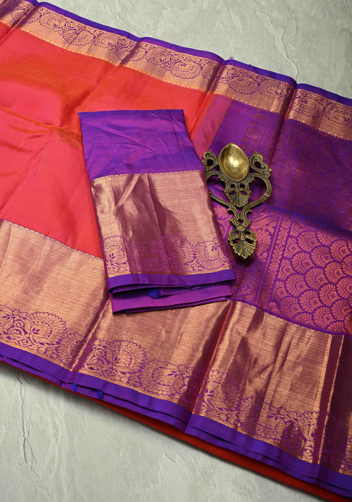 Pink Dual tone Kanjivaram Silk Saree with Floral Zari Motifs and Contrast Zari Border | SILK MARK CERTIFIED | SHOBITAM