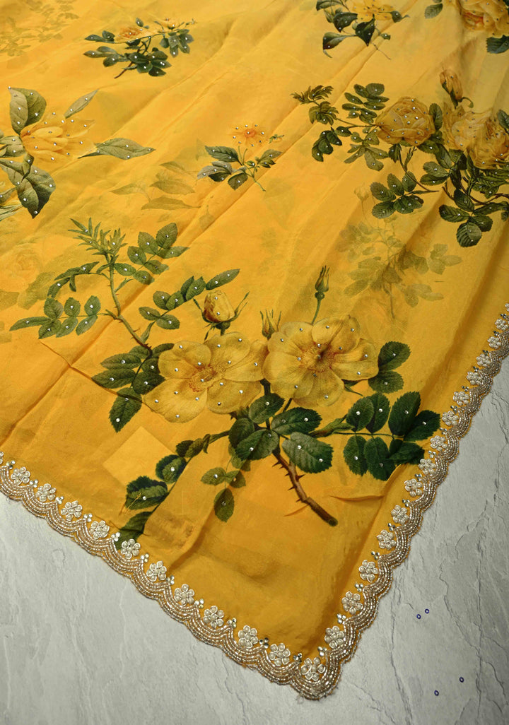Yellow Ombre Floral Digital Print on Glossy Chinon Saree with Tone on Tone Powder Stones and Cutdana-Moti Scallop Border