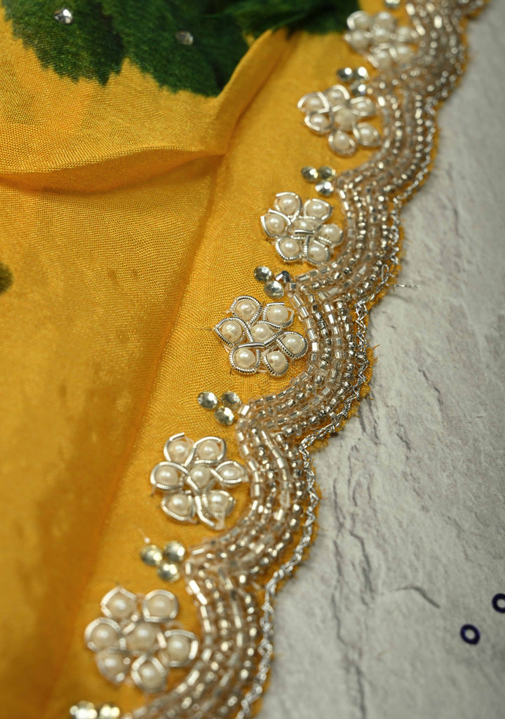 Yellow Ombre Floral Digital Print on Glossy Chinon Saree with Tone on Tone Powder Stones and Cutdana-Moti Scallop Border