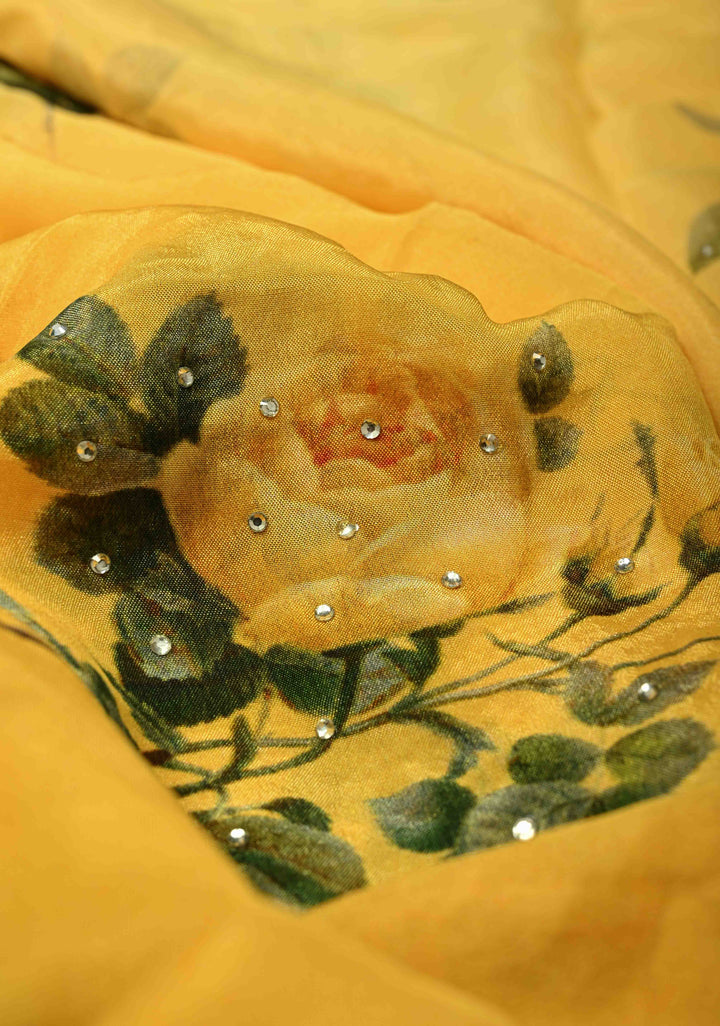 Yellow Ombre Floral Digital Print on Glossy Chinon Saree with Tone on Tone Powder Stones and Cutdana-Moti Scallop Border