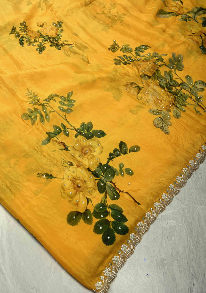 Yellow Ombre Floral Digital Print on Glossy Chinon Saree with Tone on Tone Powder Stones and Cutdana-Moti Scallop Border
