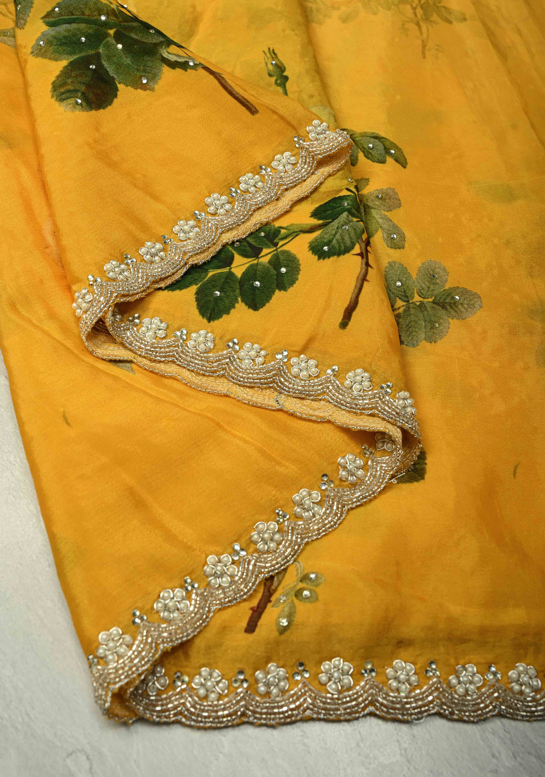 Yellow Ombre Floral Digital Print on Glossy Chinon Saree with Tone on Tone Powder Stones and Cutdana-Moti Scallop Border