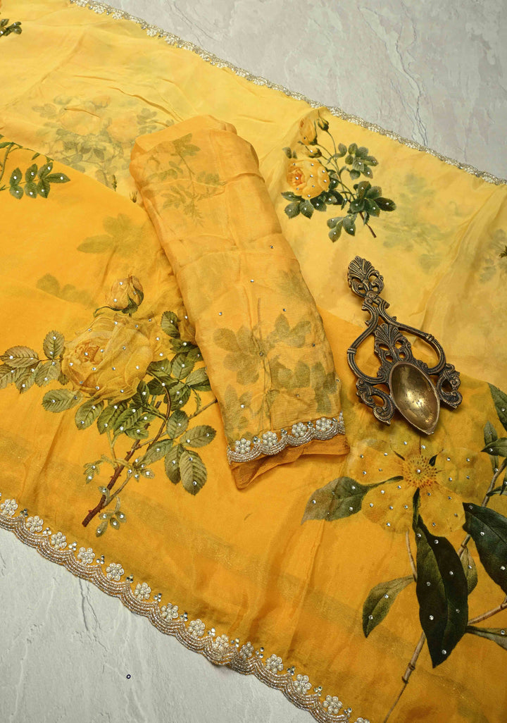 Yellow Ombre Floral Digital Print on Glossy Chinon Saree with Tone on Tone Powder Stones and Cutdana-Moti Scallop Border