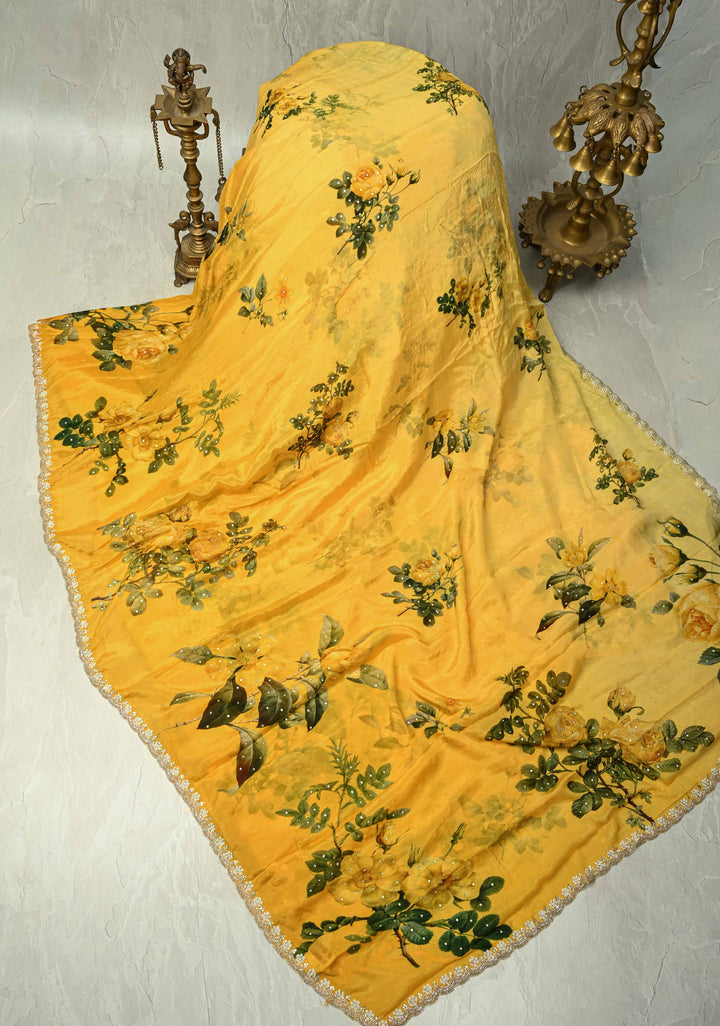 Yellow Ombre Floral Digital Print on Glossy Chinon Saree with Tone on Tone Powder Stones and Cutdana-Moti Scallop Border