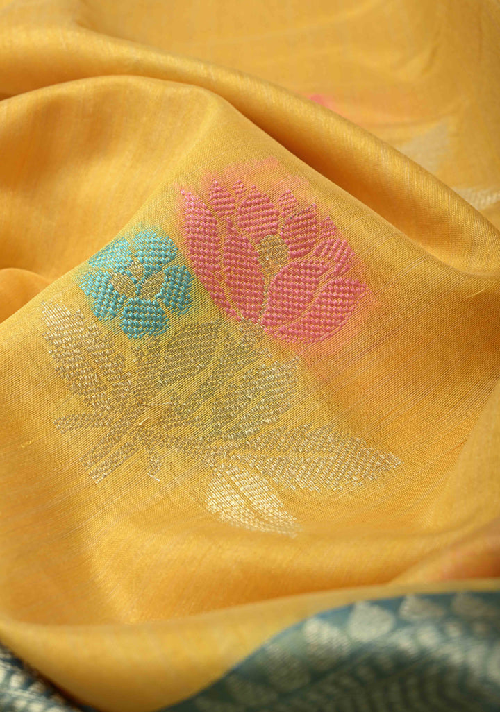 Mango Yellow Banarasi Semi Kora Saree with Meenakari Floral Buttas and Contrast Wide Zari Border | SHOBITAM