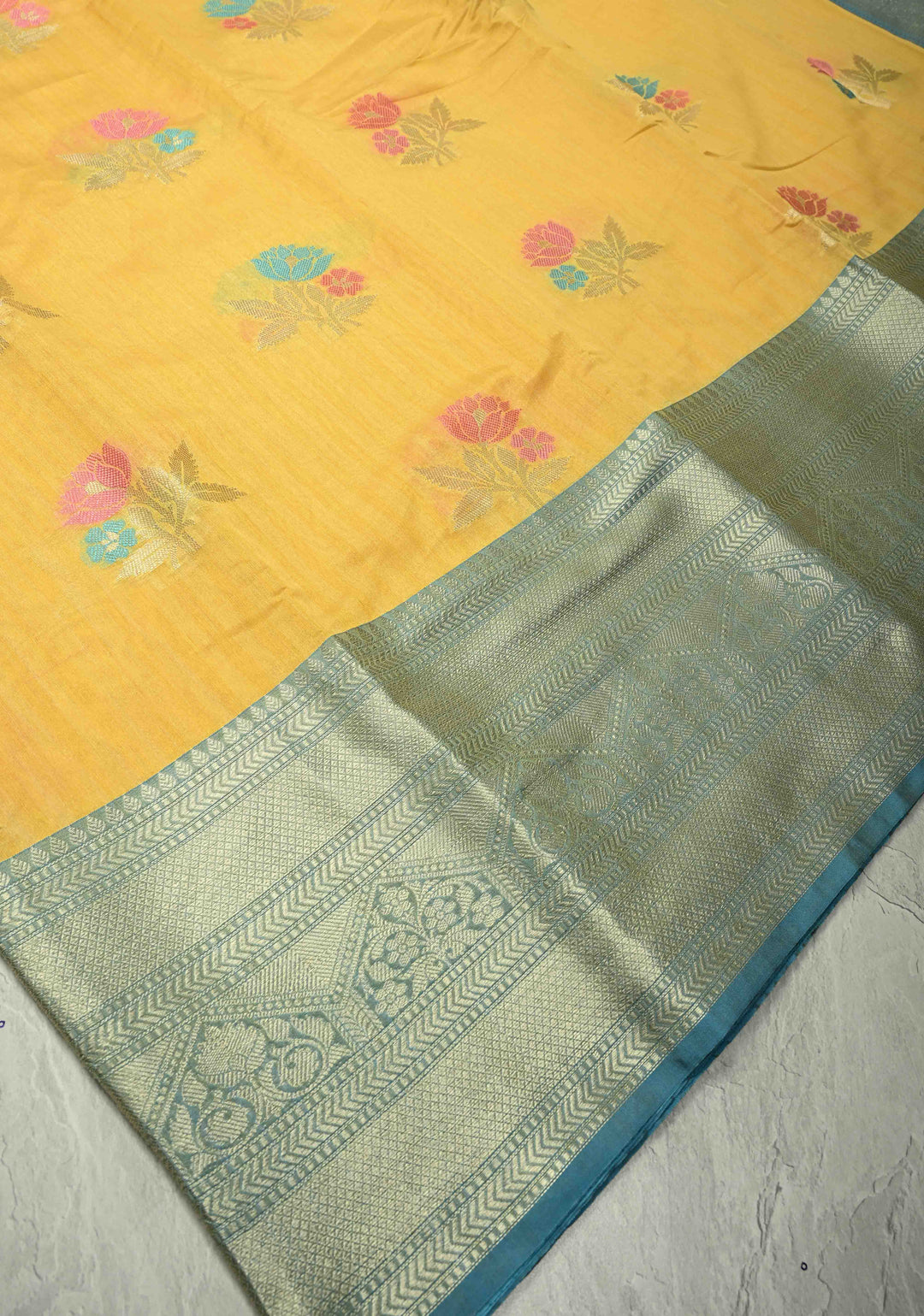 Mango Yellow Banarasi Semi Kora Saree with Meenakari Floral Buttas and Contrast Wide Zari Border | SHOBITAM