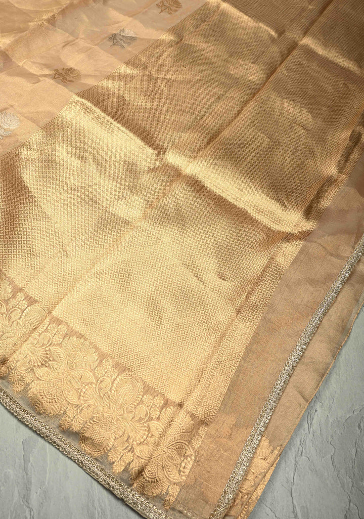 Gold Tissue Pure Silk Banarasi Saree with Sona Rupa  buttas and Lace Border | SILK MARK CERTIFIED | SHOBITAM