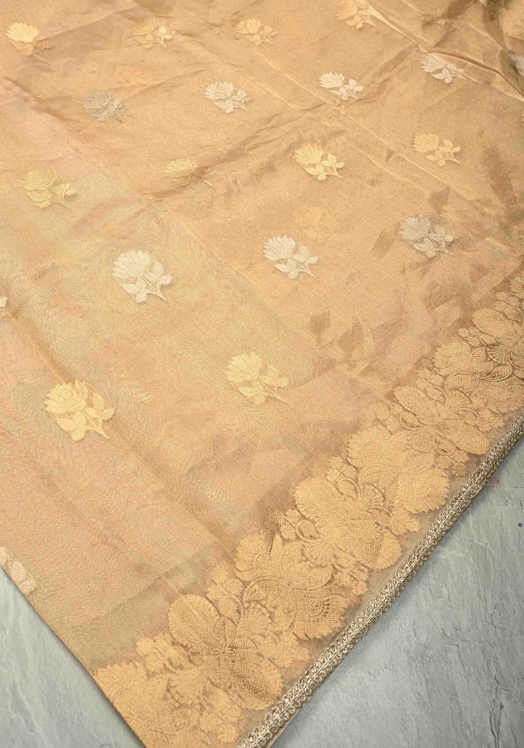 Gold Tissue Pure Silk Banarasi Saree with Sona Rupa  buttas and Lace Border | SILK MARK CERTIFIED | SHOBITAM