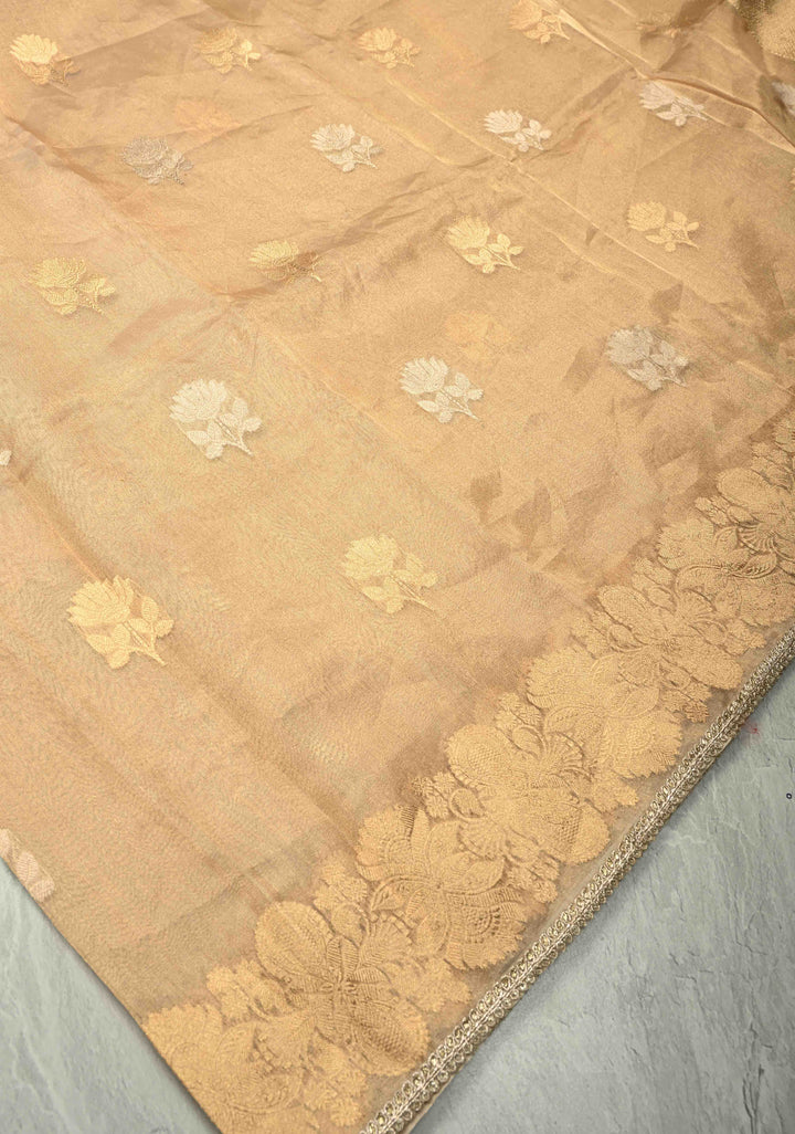 Gold Tissue Pure Silk Banarasi Saree with Sona Rupa  buttas and Lace Border | SILK MARK CERTIFIED | SHOBITAM