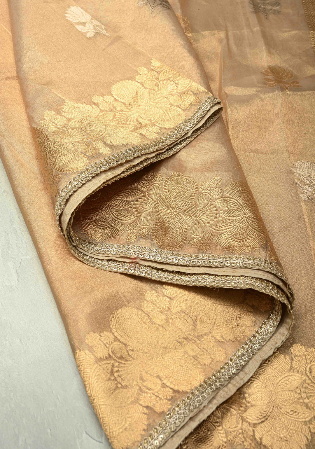 Gold Tissue Pure Silk Banarasi Saree with Sona Rupa  buttas and Lace Border | SILK MARK CERTIFIED | SHOBITAM