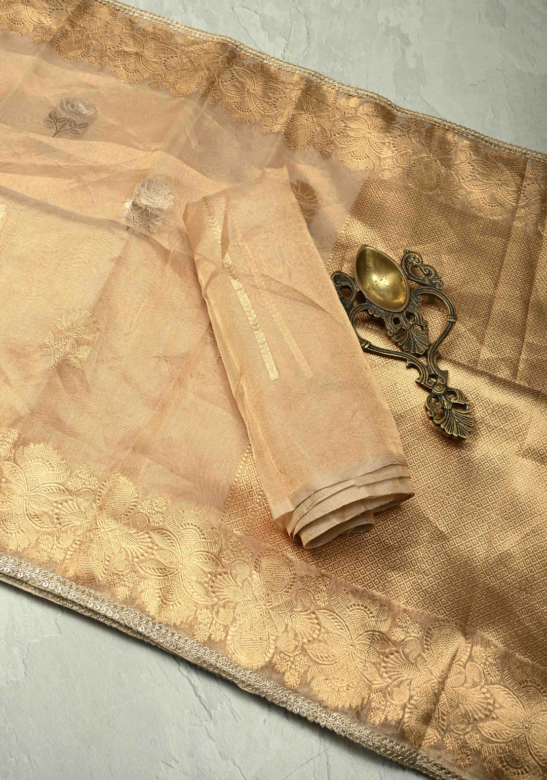 Gold Tissue Pure Silk Banarasi Saree with Sona Rupa  buttas and Lace Border | SILK MARK CERTIFIED | SHOBITAM