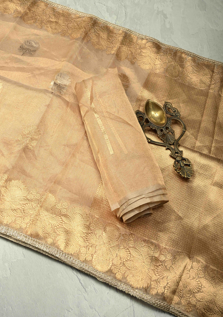 Gold Tissue Pure Silk Banarasi Saree with Sona Rupa  buttas and Lace Border | SILK MARK CERTIFIED | SHOBITAM
