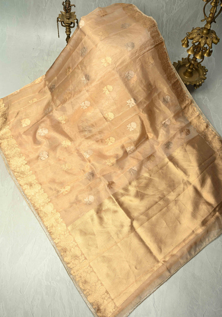 Gold Tissue Pure Silk Banarasi Saree with Sona Rupa  buttas and Lace Border | SILK MARK CERTIFIED | SHOBITAM