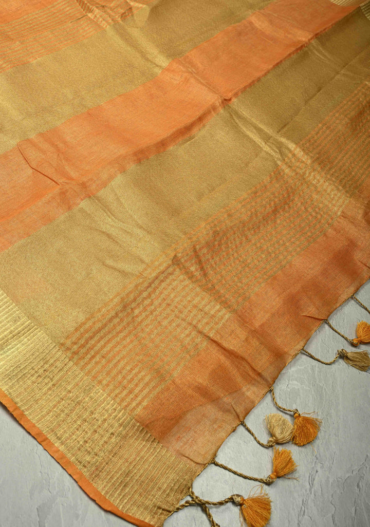 Orange Tissue Linen Saree with Zari Border