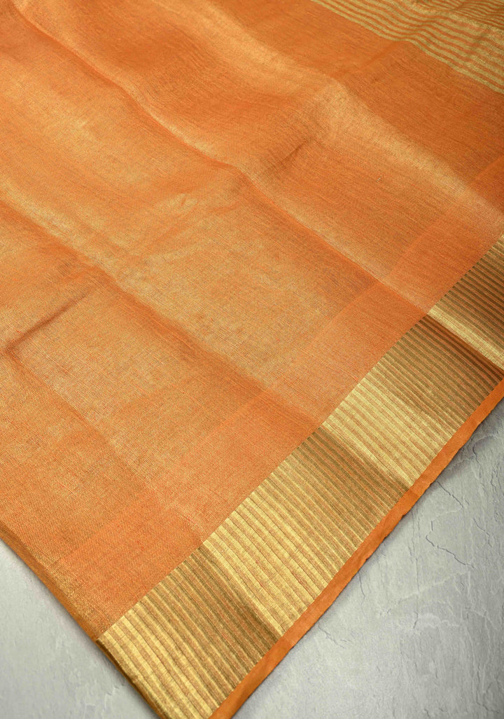 Orange Tissue Linen Saree with Zari Border