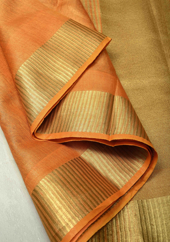 Orange Tissue Linen Saree with Zari Border