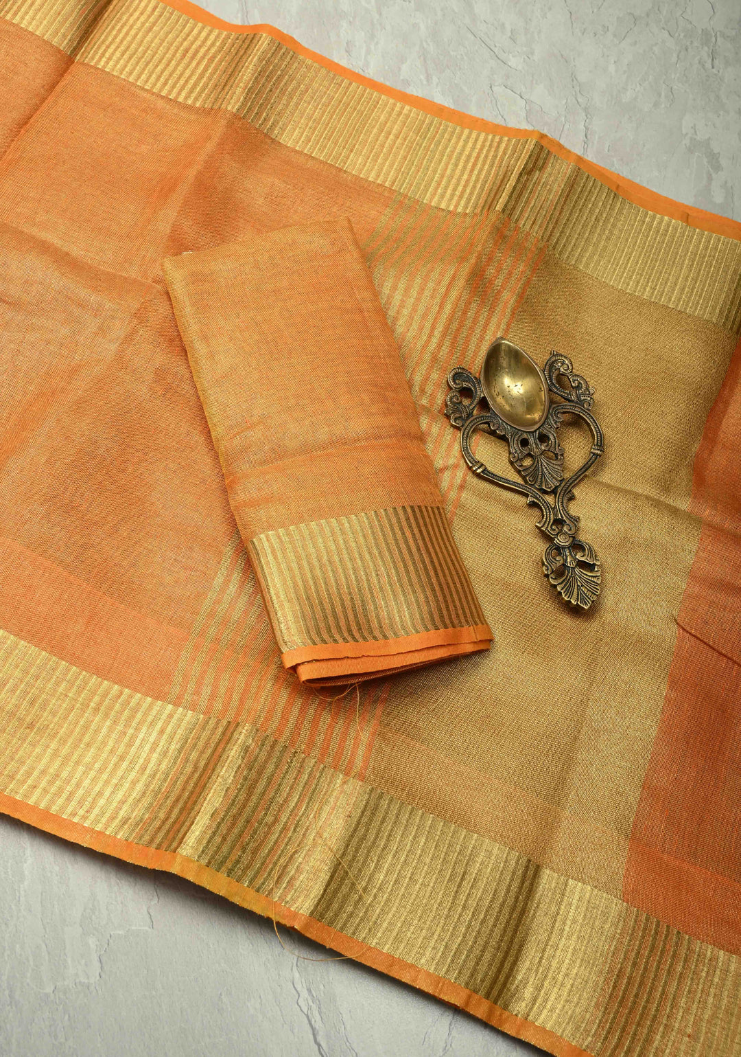 Orange Tissue Linen Saree with Zari Border