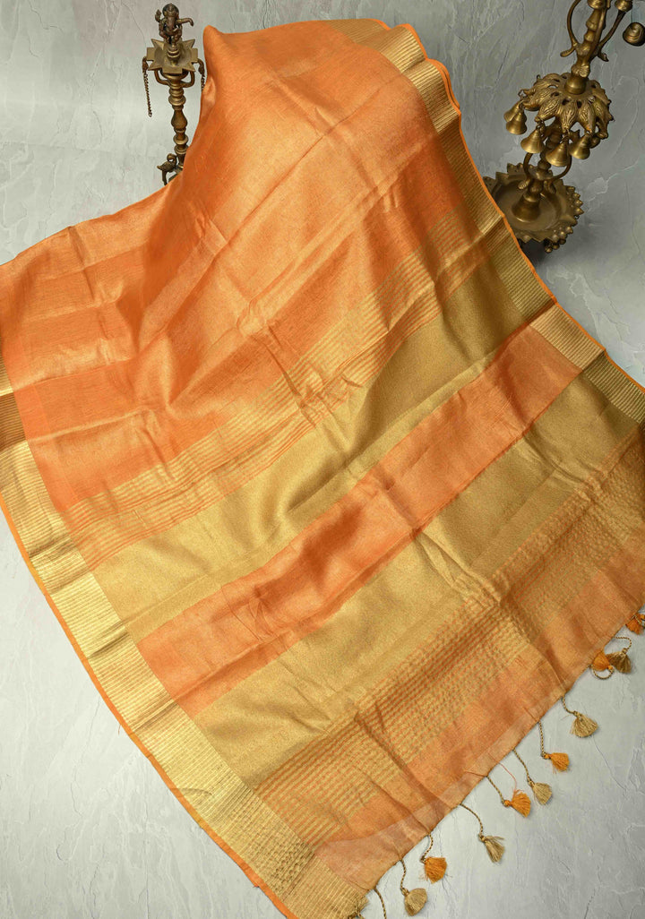 Orange Tissue Linen Saree with Zari Border