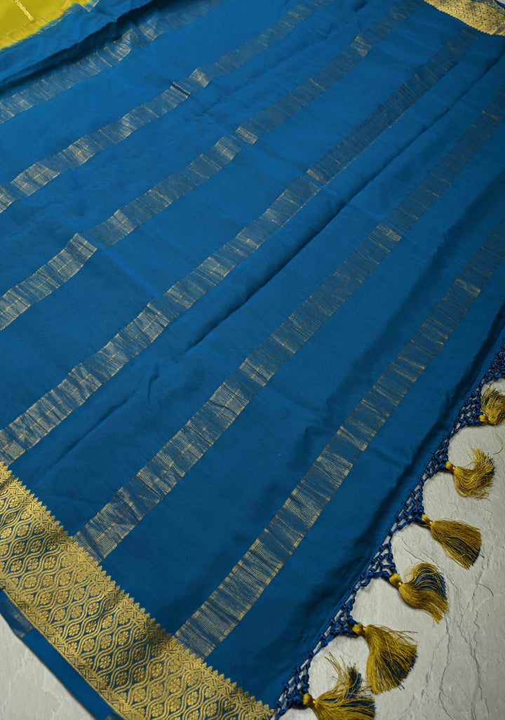 Chartreuse Mysore Silk Saree with Horizontal Zari Stripes and Contrast Zari Borders | SILK MARK CERTIFIED