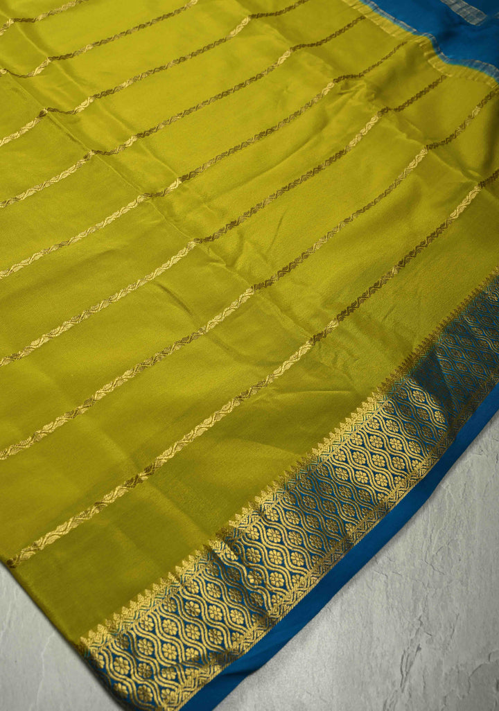 Chartreuse Mysore Silk Saree with Horizontal Zari Stripes and Contrast Zari Borders | SILK MARK CERTIFIED