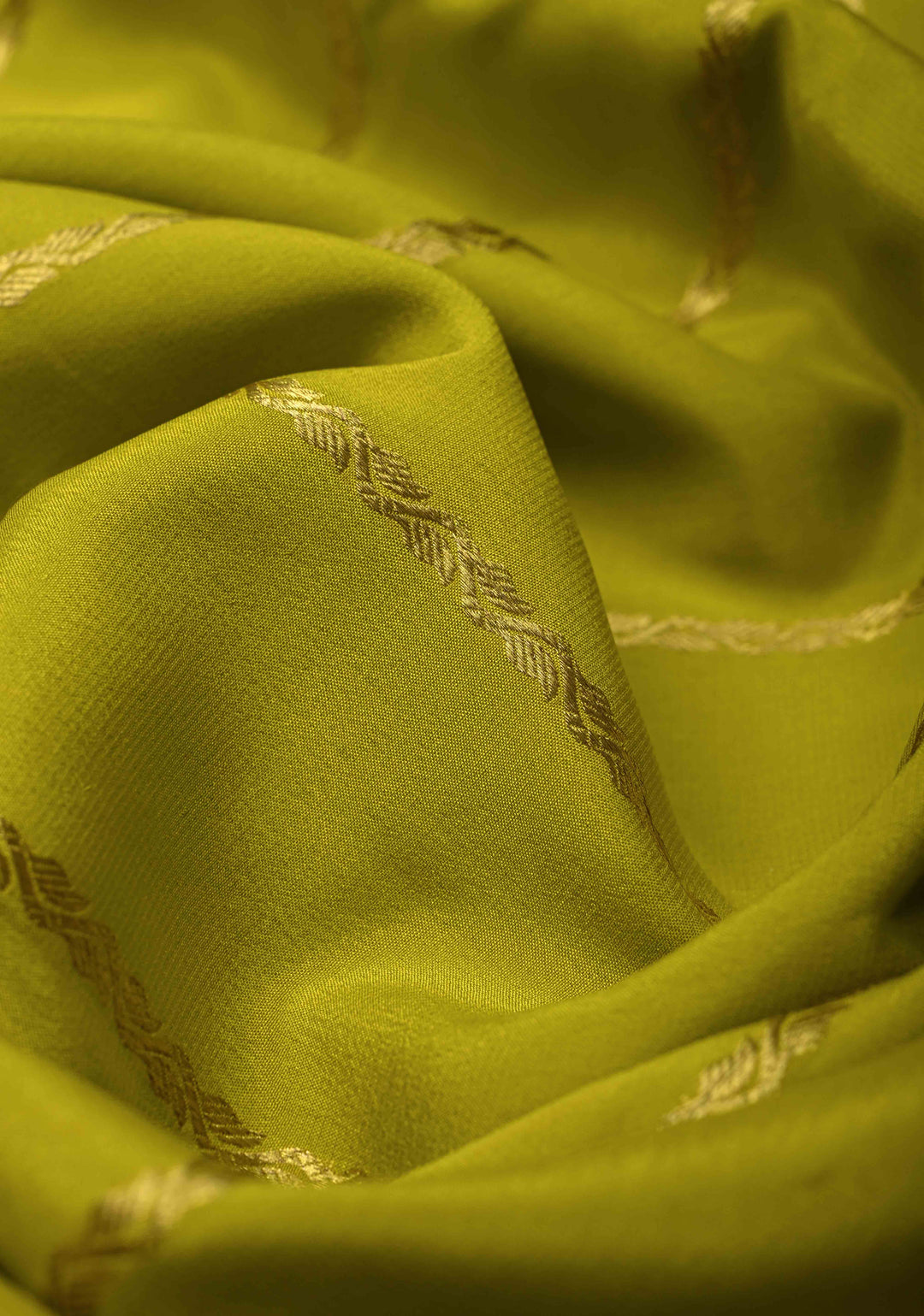 Chartreuse Mysore Silk Saree with Horizontal Zari Stripes and Contrast Zari Borders | SILK MARK CERTIFIED