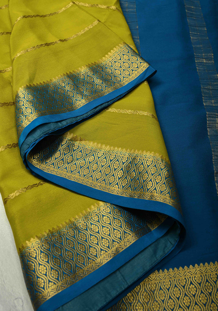 Chartreuse Mysore Silk Saree with Horizontal Zari Stripes and Contrast Zari Borders | SILK MARK CERTIFIED