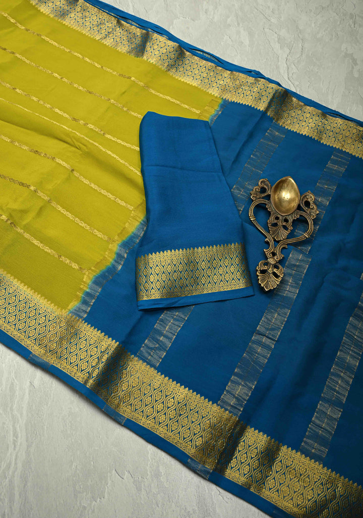 Chartreuse Mysore Silk Saree with Horizontal Zari Stripes and Contrast Zari Borders | SILK MARK CERTIFIED
