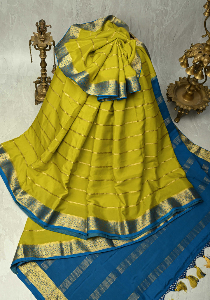 Chartreuse Mysore Silk Saree with Horizontal Zari Stripes and Contrast Zari Borders | SILK MARK CERTIFIED
