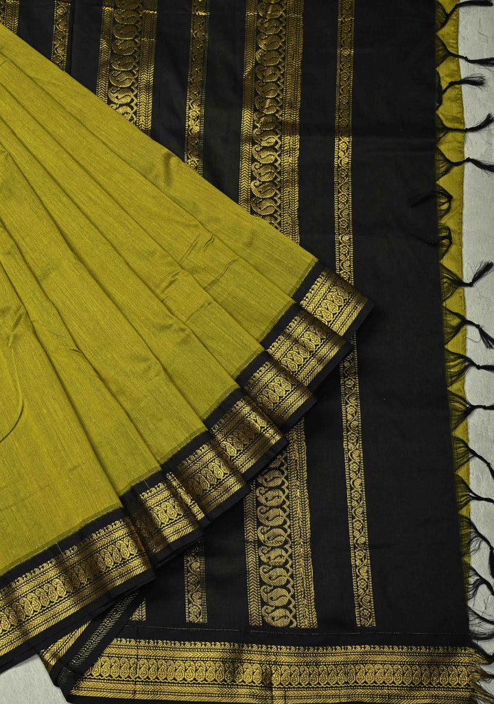 Mehendi Green Korvai Silk Cotton Handloom Saree with Contrast Zari Border