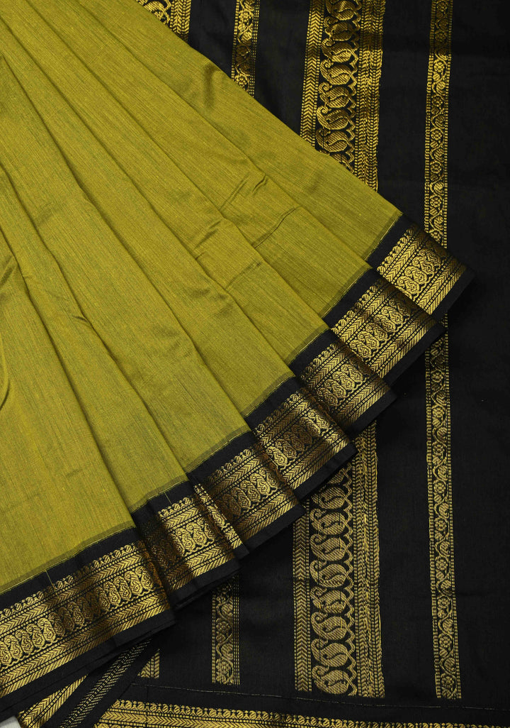 Mehendi Green Korvai Silk Cotton Handloom Saree with Contrast Zari Border