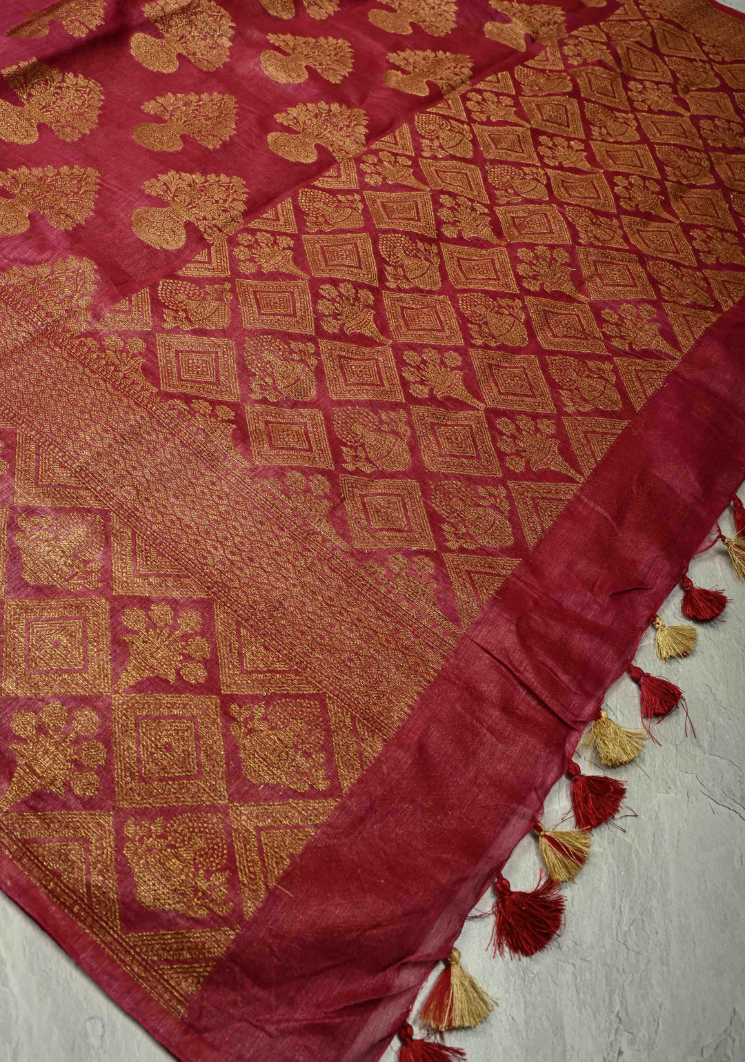 Magenta Banarasi Linen Saree with Antique Zari Buttas and Zari Border
