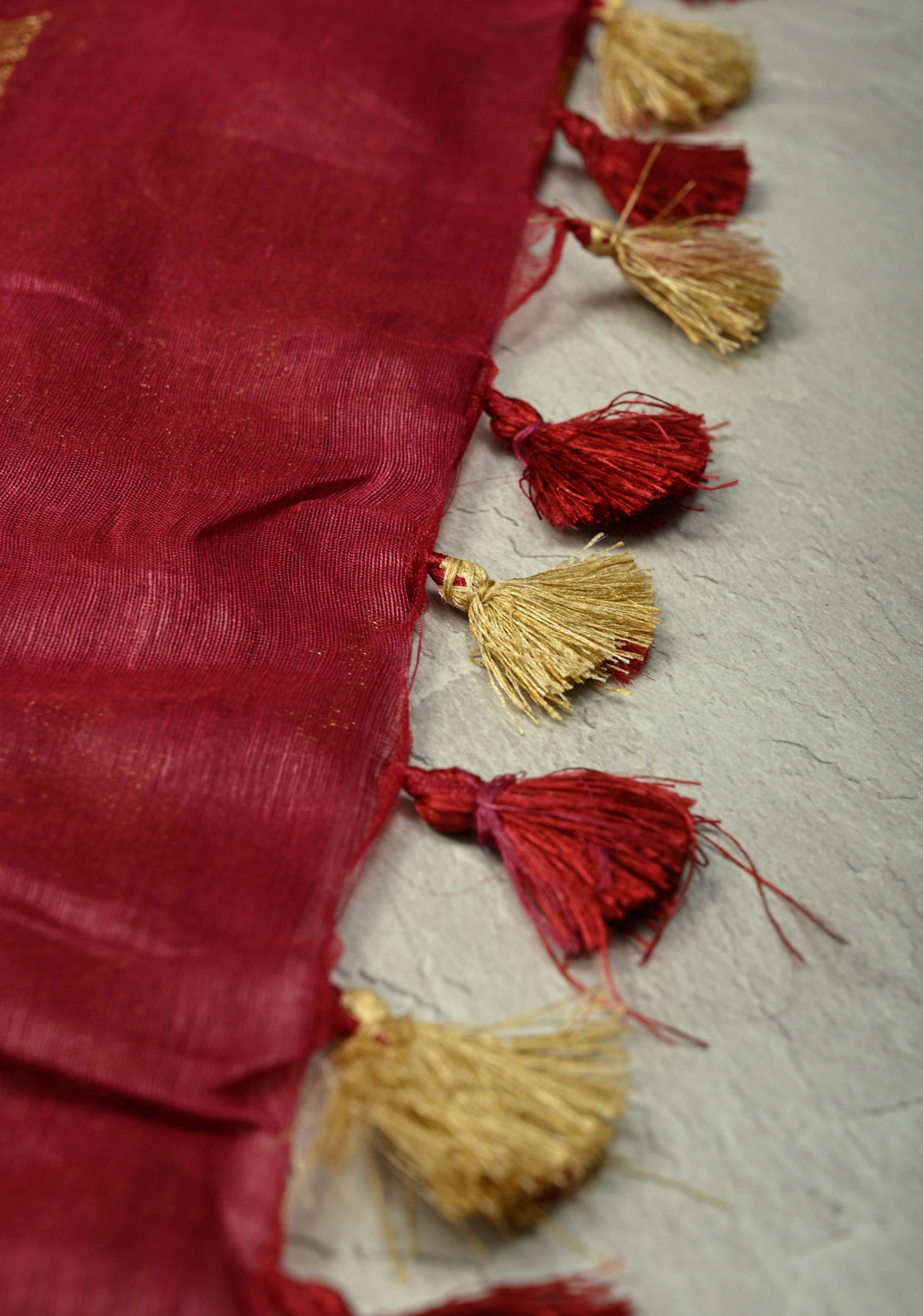 Magenta Banarasi Linen Saree with Antique Zari Buttas and Zari Border