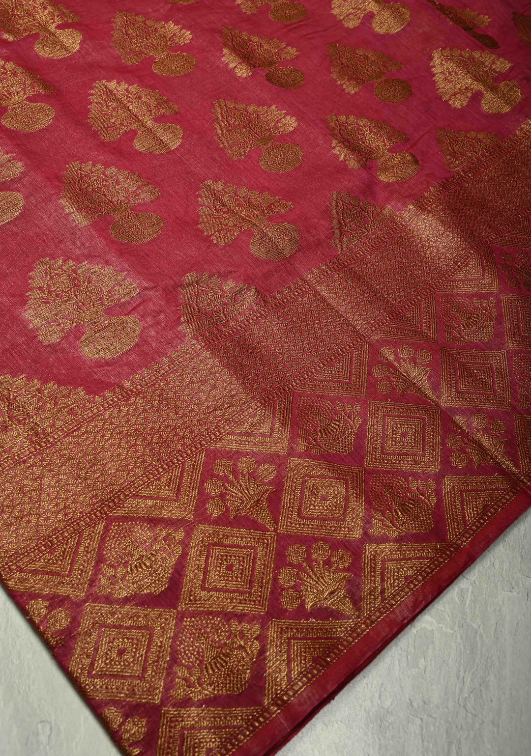 Magenta Banarasi Linen Saree with Antique Zari Buttas and Zari Border