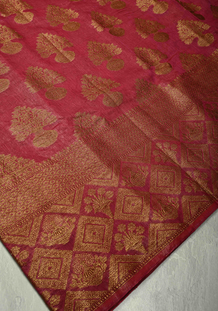 Magenta Banarasi Linen Saree with Antique Zari Buttas and Zari Border