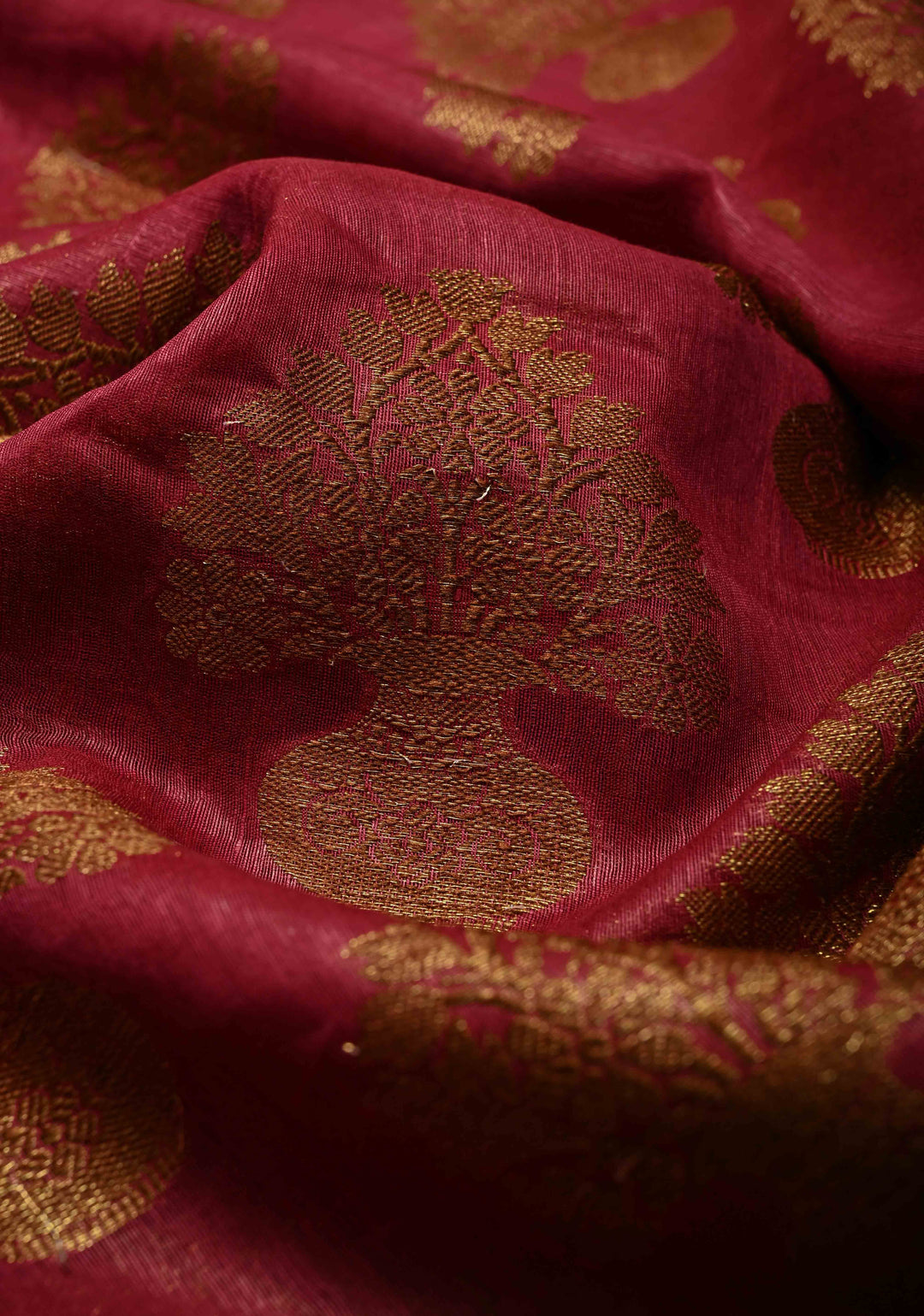 Magenta Banarasi Linen Saree with Antique Zari Buttas and Zari Border