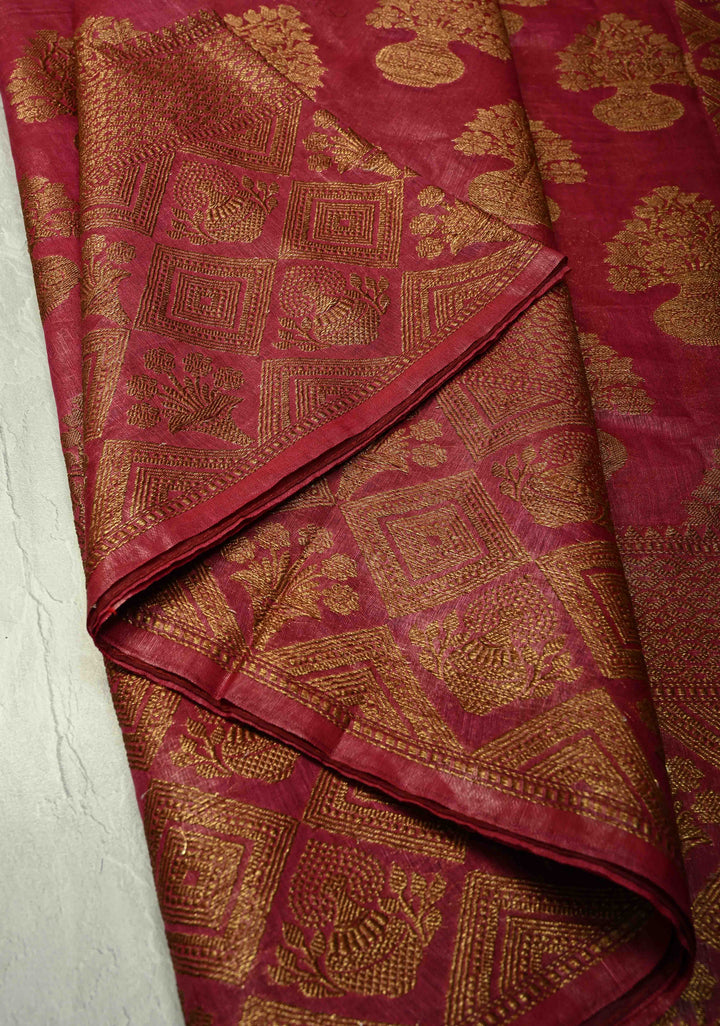 Magenta Banarasi Linen Saree with Antique Zari Buttas and Zari Border