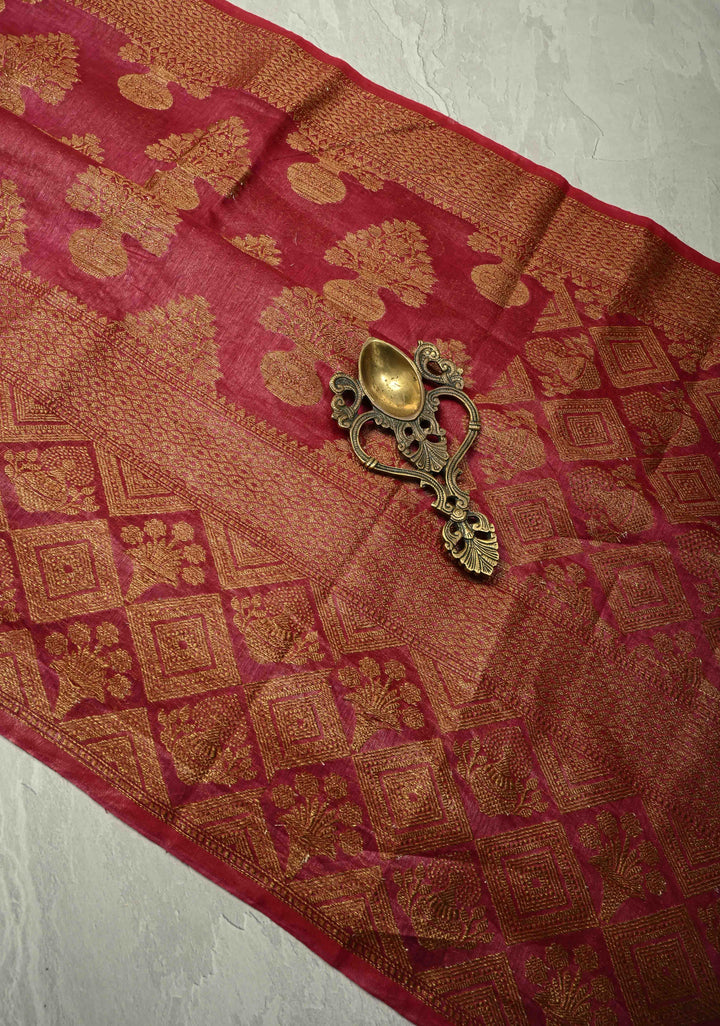 Magenta Banarasi Linen Saree with Antique Zari Buttas and Zari Border