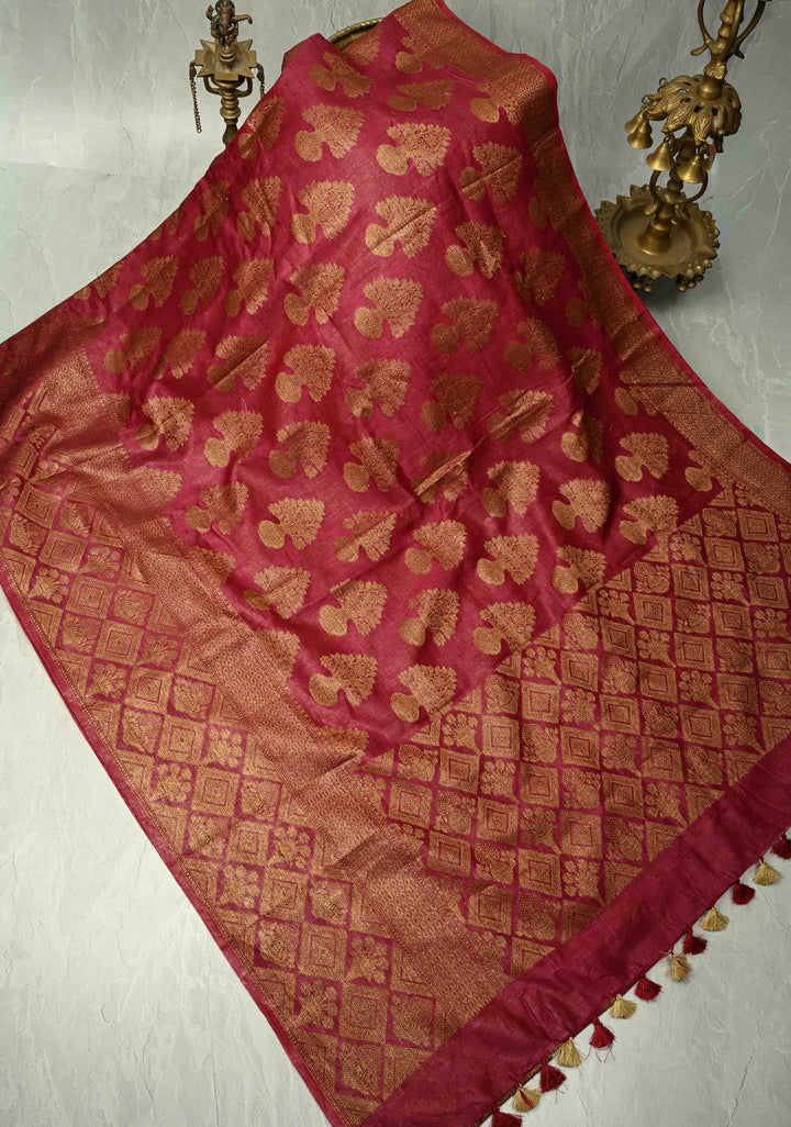 Magenta Banarasi Linen Saree with Antique Zari Buttas and Zari Border