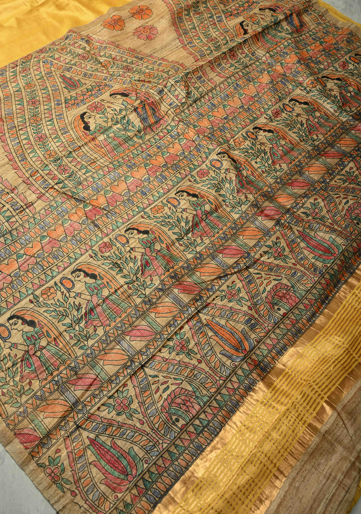 Sulphur Yellow Semi Tussar Silk, adorned with a Madhubani Gecha Tussar Pallu and Zari Border. (Copy)